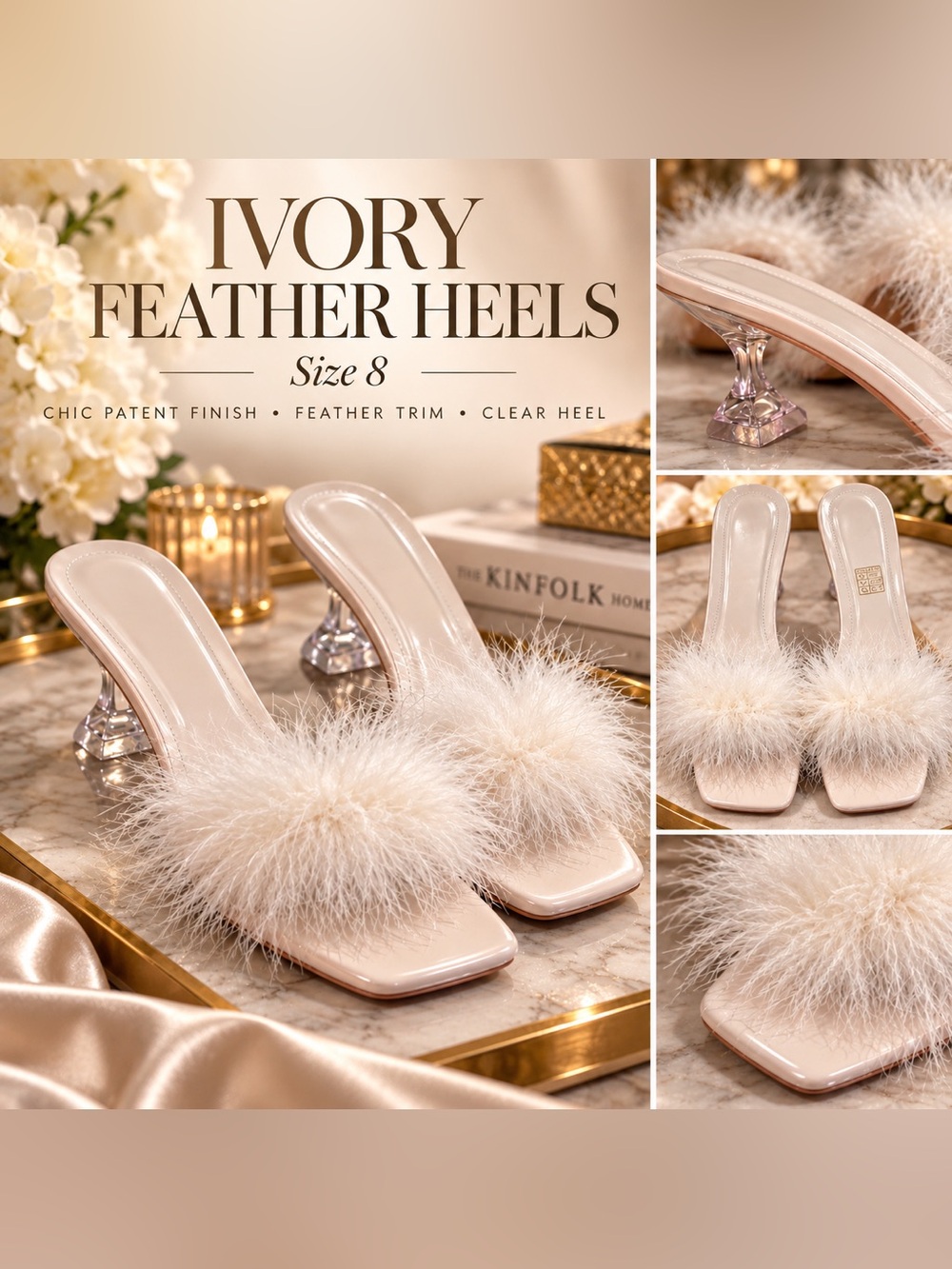 Feather Trim Clear Heel Mules Size US 8 Like New